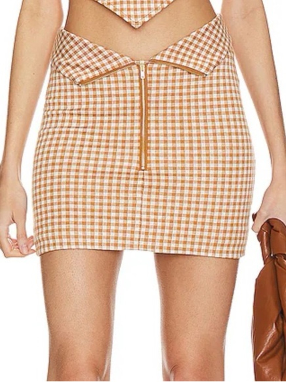 Lovers + Friends Chelsea Tan and White Gingham Zip-Front Mini Skirt